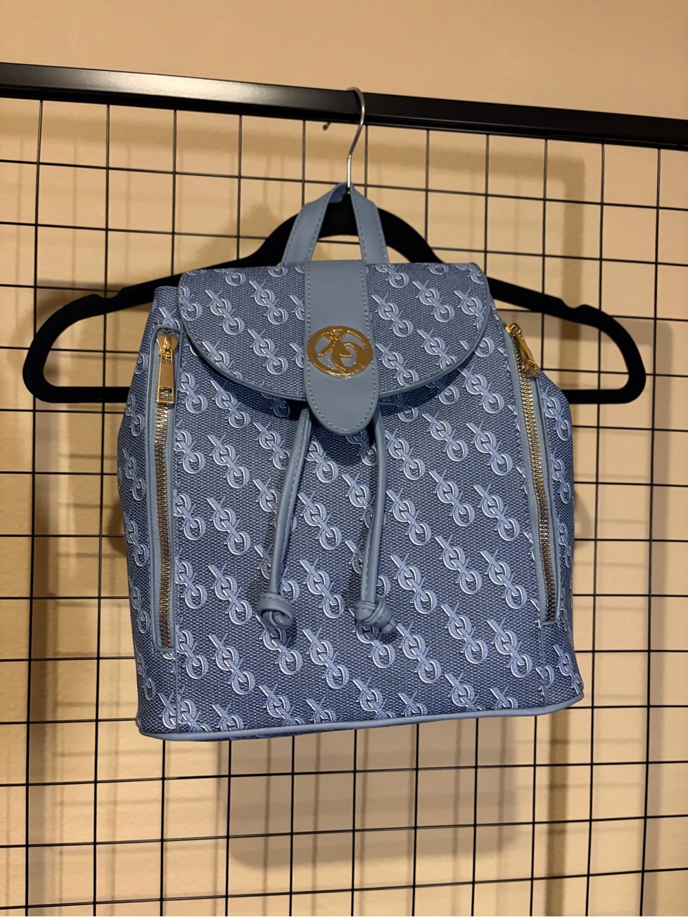 XOXO Vegan Leather Blue Monogram Drawstring Backpack